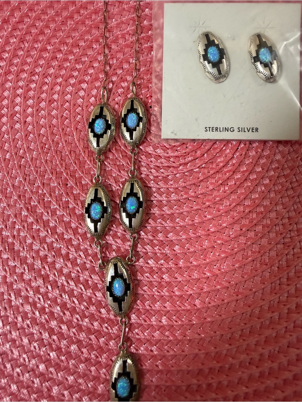 Blue Opal Navajo-Style Pendant Necklace and Earrings Set